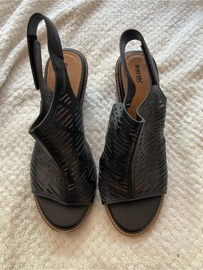 Earth Black Laser-Cut Slingback Sandals